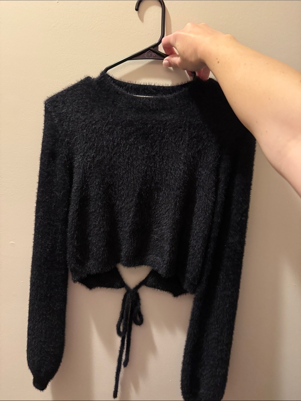 Altar'd State Black Fuzzy Tie-Front Crop Sweater
